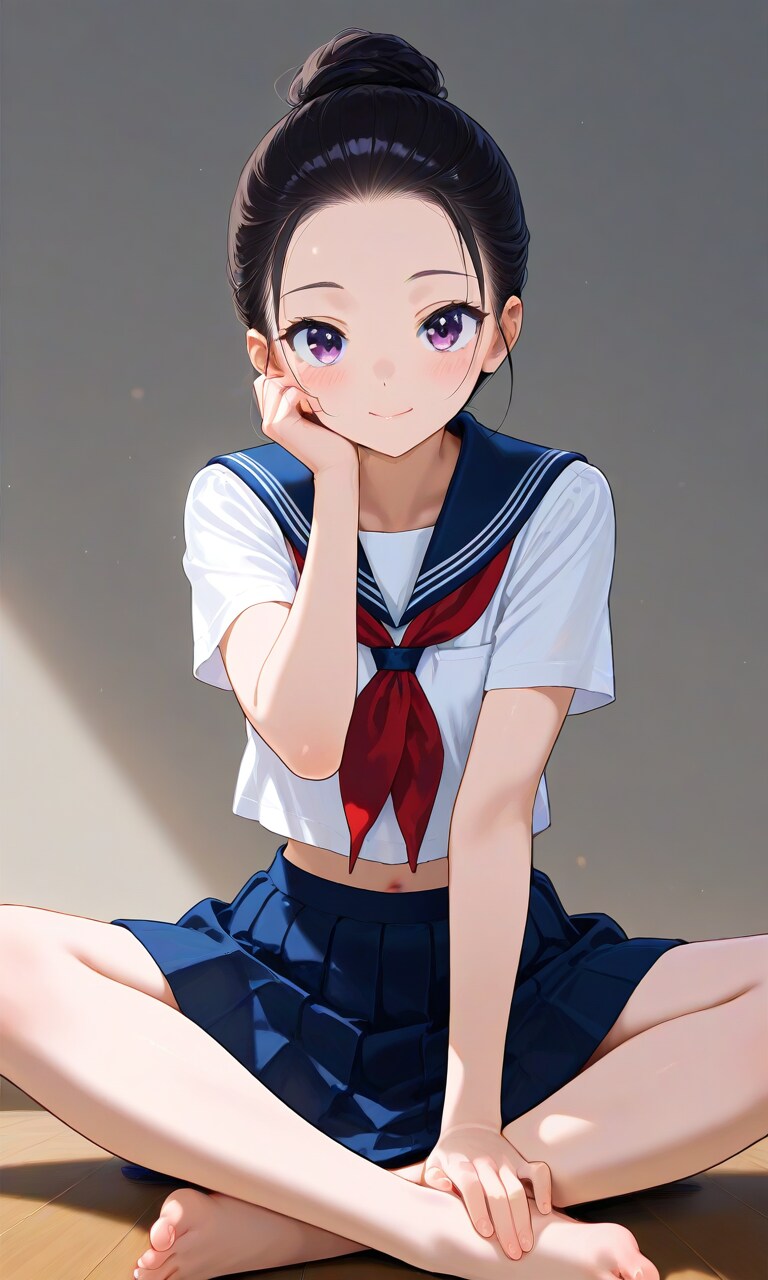 シニョン、セーラー服、あぐら4 | の人気AIイラスト・グラビア