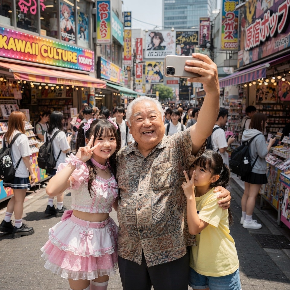 田舎のおじいちゃんが都内に住む孫娘と原宿観光。上の娘はご当地アイドルとして活躍中 | の人気AIイラスト・グラビア