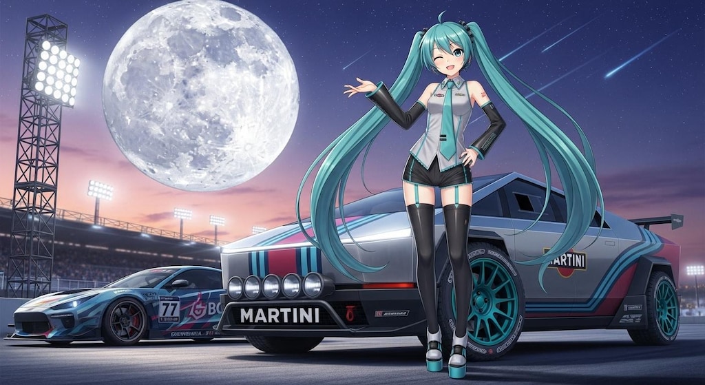 初音ミクとテスラサイバートラックレーシングカー