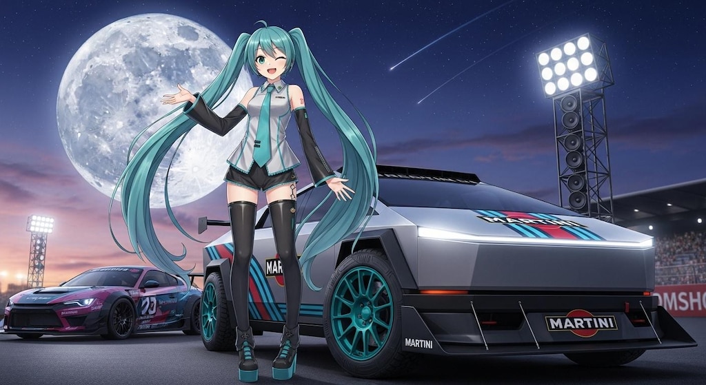 初音ミクとテスラサイバートラックレーシングカー