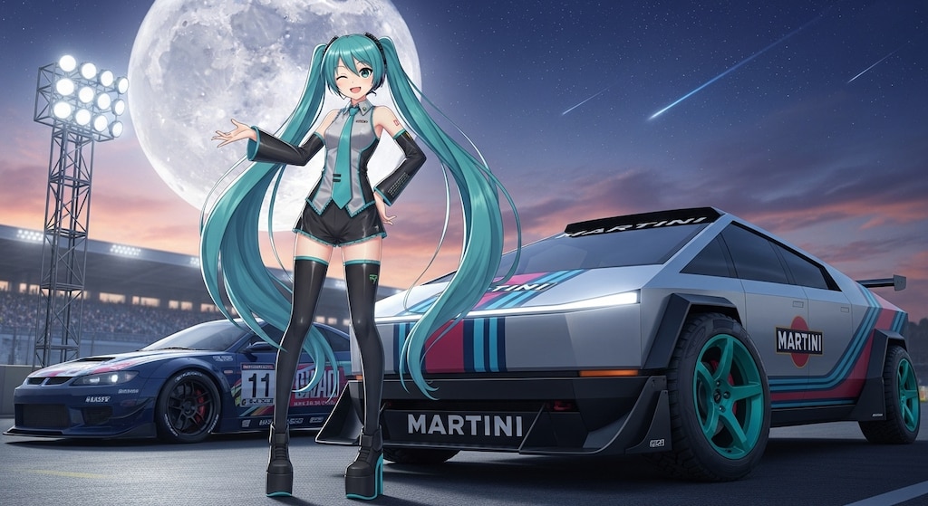 初音ミクとテスラサイバートラックレーシングカー