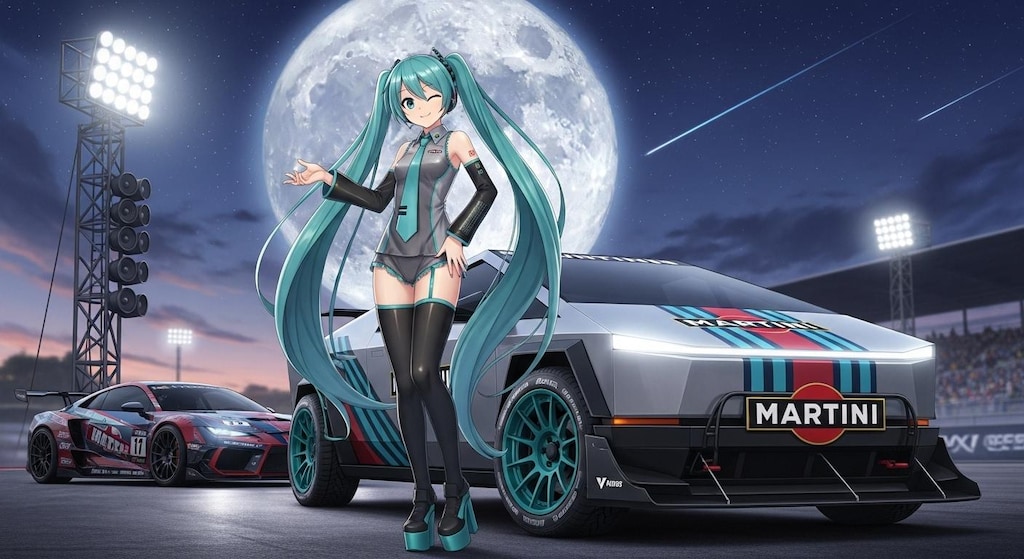 初音ミクとテスラサイバートラックレーシングカー