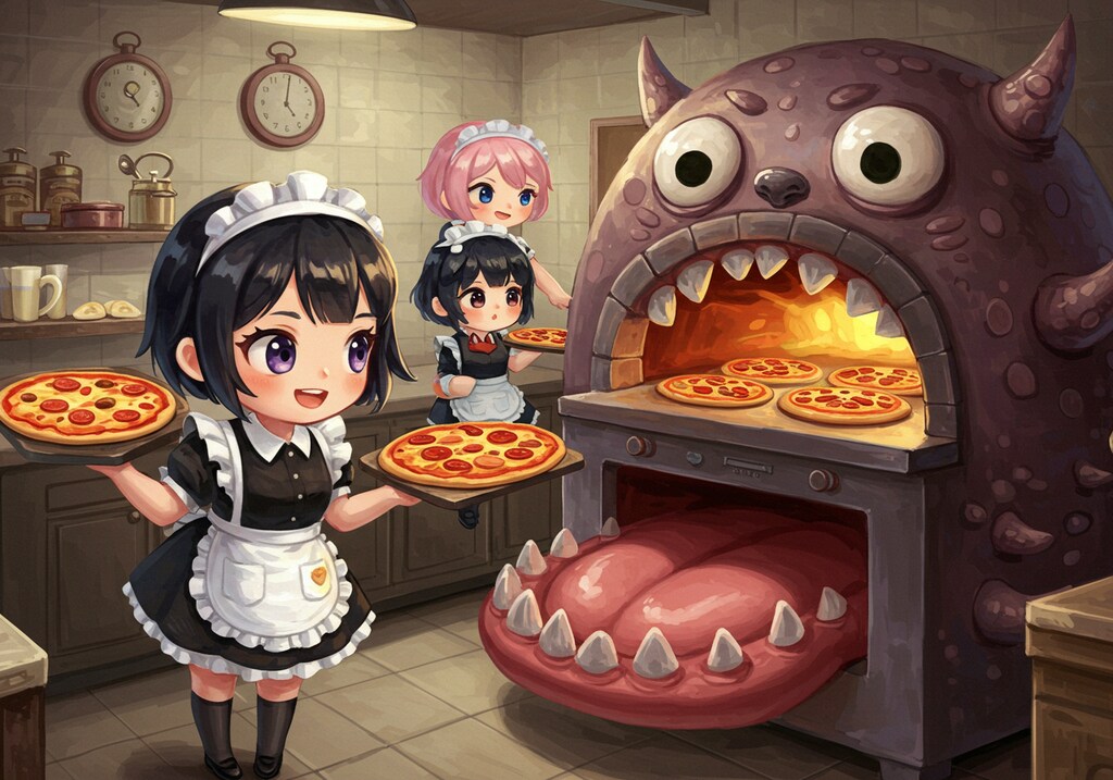 ピザを焼くメイドさん