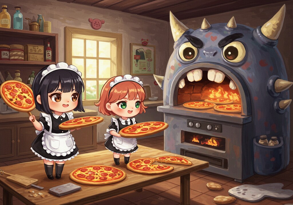 ピザを焼くメイドさん