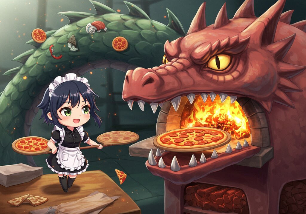 ピザを焼くメイドさん