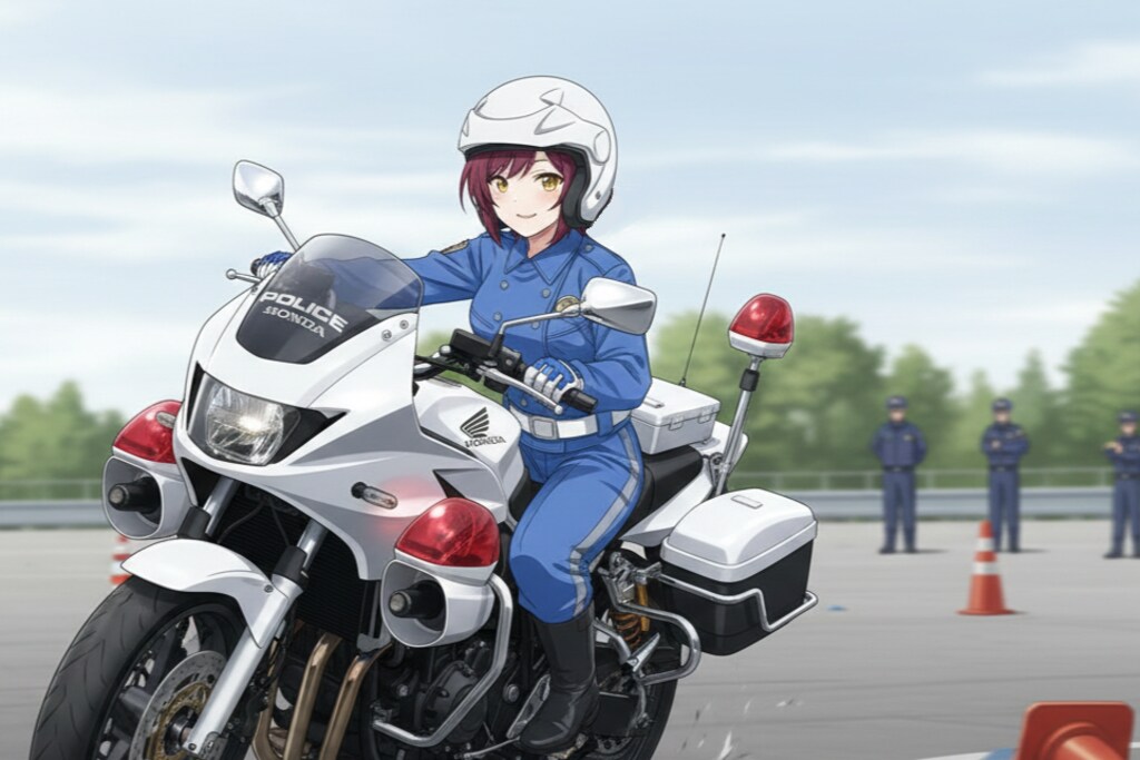 白バイ隊員の訓練風景（挨拶メイドの芽衣ちゃん）