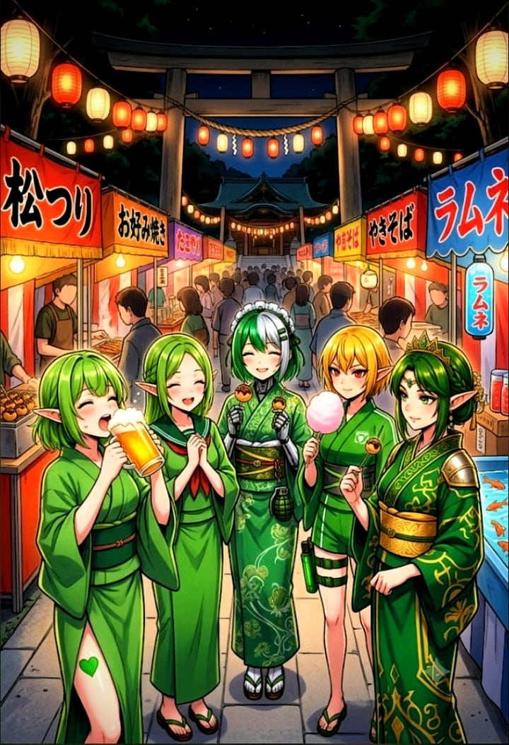 うちの子エルフ達と、　　　　　　　　　　　　　　　緑色サイボーグメイドさんの　　　　　　　　　　　　　　楽しい夏祭り