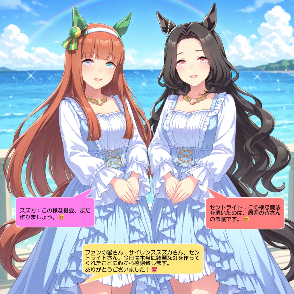 スズカとセントライト、能登の港で虹を作って喜ばせる