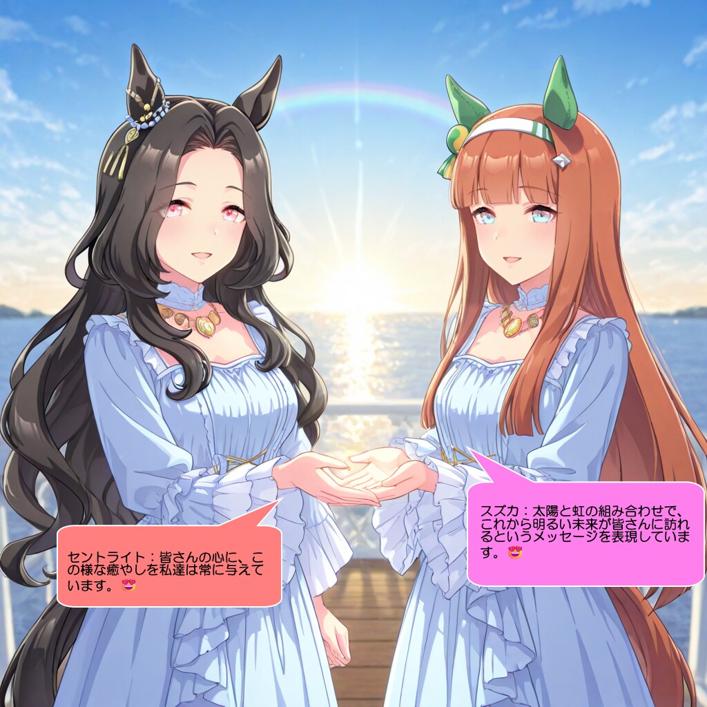 スズカとセントライト、能登の港で虹を作って喜ばせる