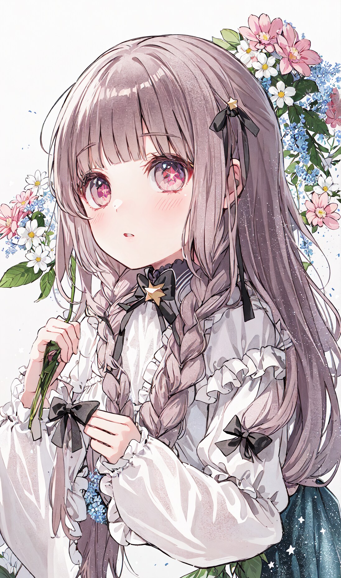 満開の日に花を持つ村娘