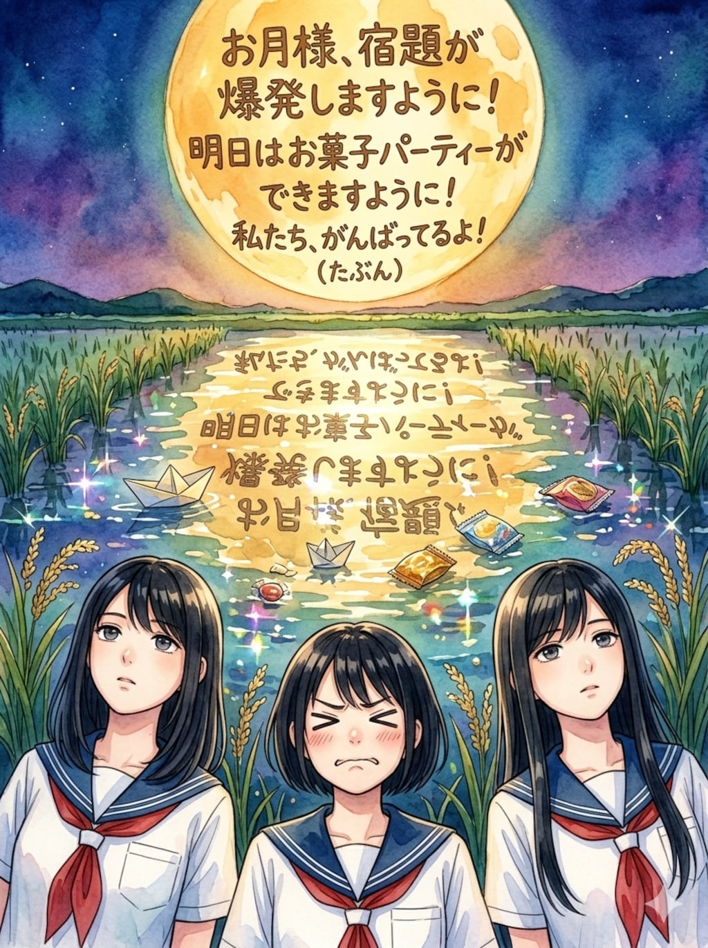 お月様、宿題が爆発しますように！