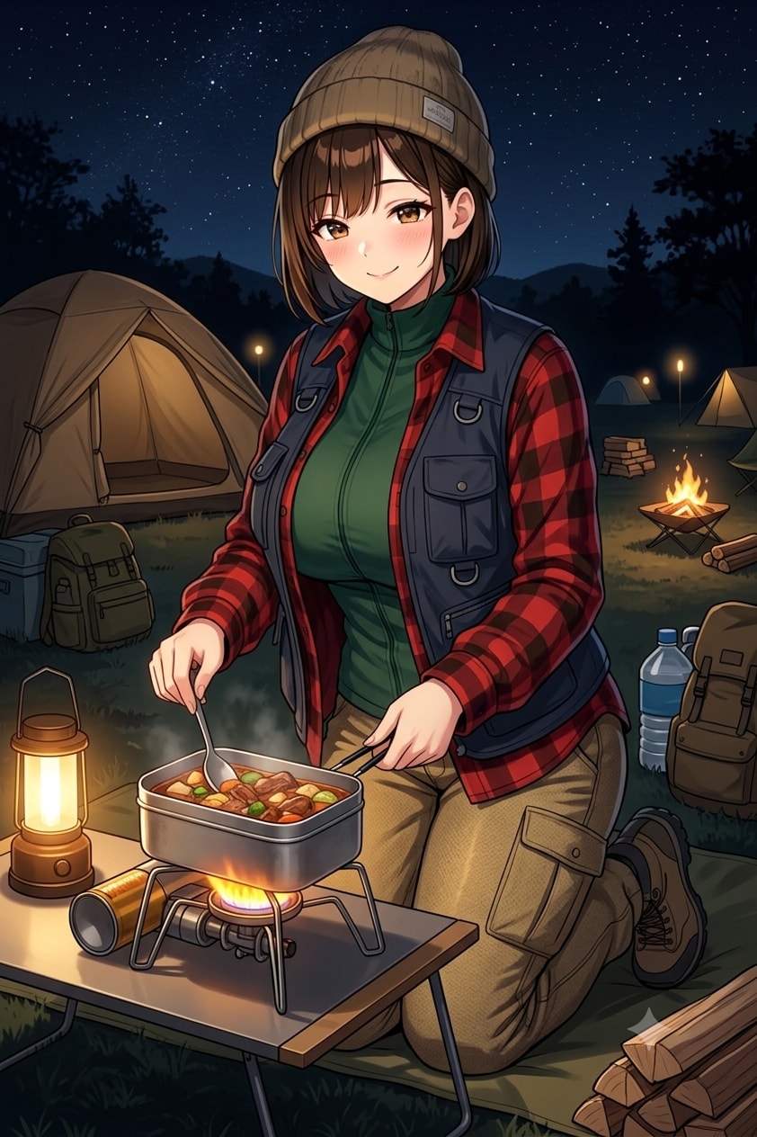 キャンプ飯を料理するアキちゃん