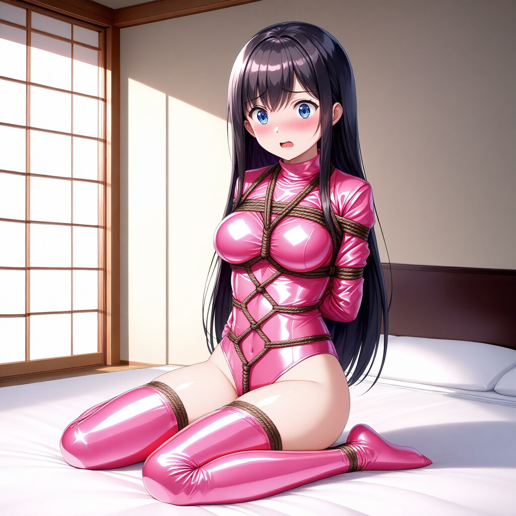 ピンクエナメルレオタードサイハイソックス緊縛