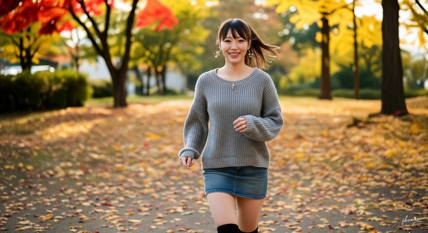 ニットセーターとデニムミニスカートは最高の秋のコーディネートです