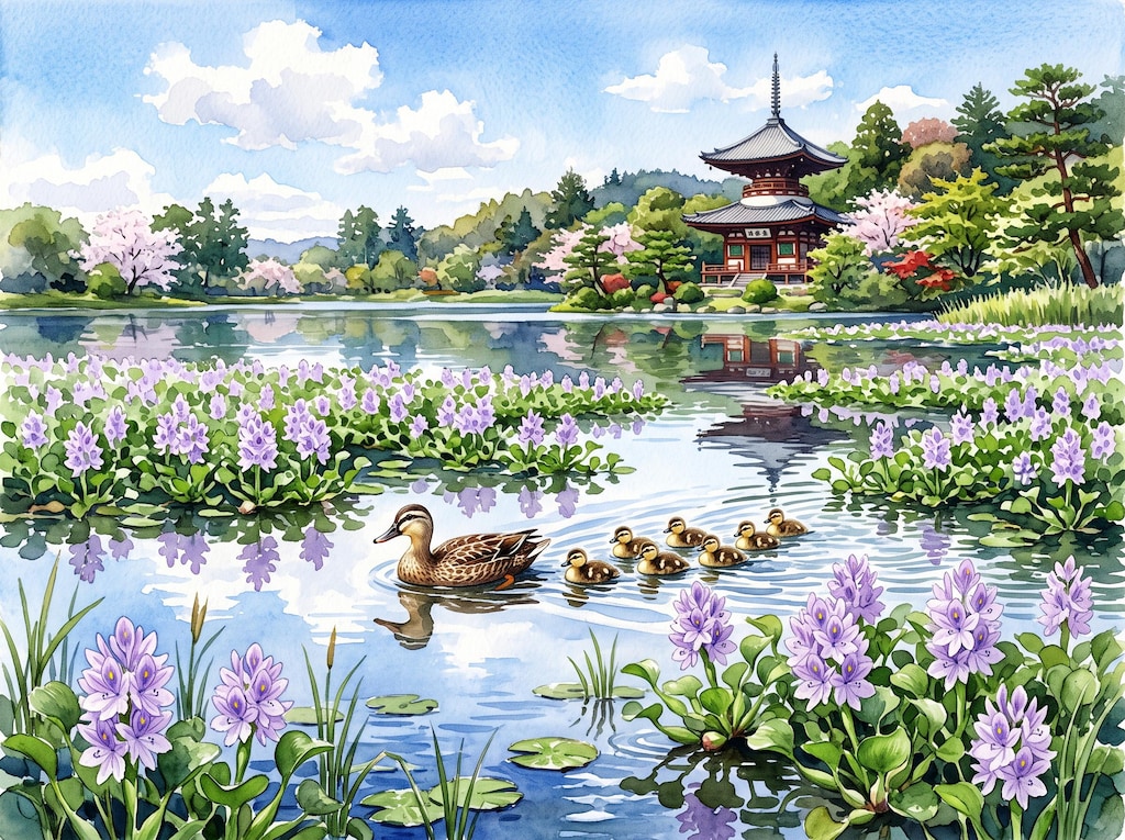 ホテイアオイとカルガモの親子