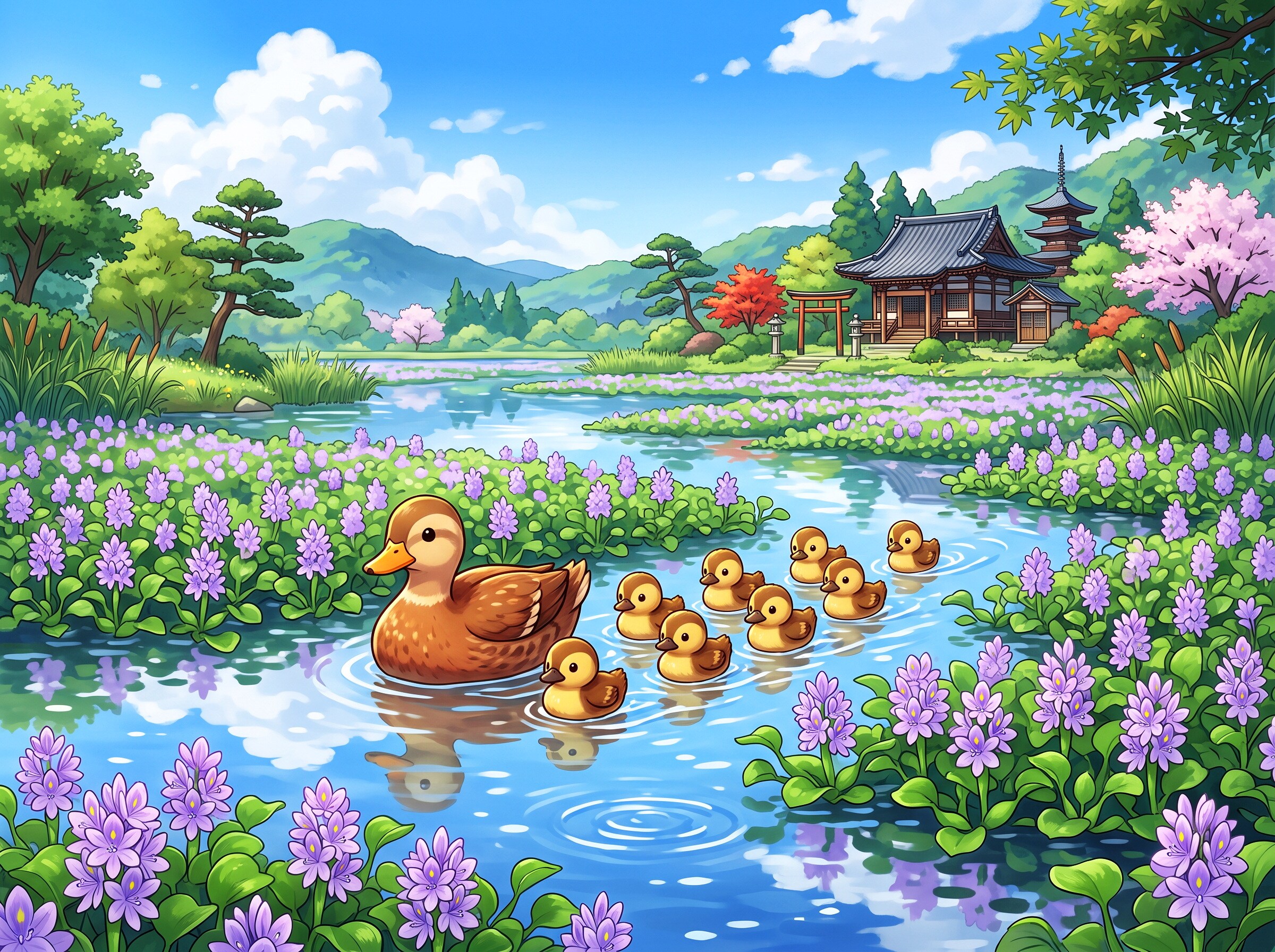 ホテイアオイとカルガモの親子 | の人気AIイラスト・グラビア