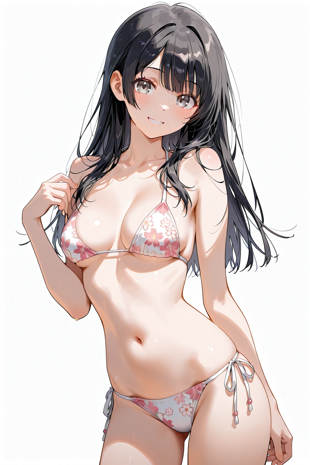 黒髪ロング美少女 花柄ビキニ
