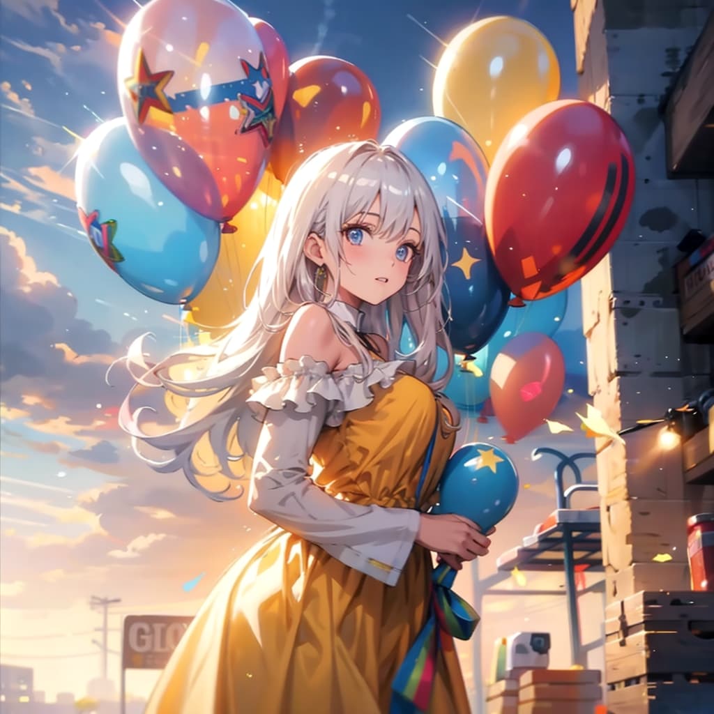 いっぱい色とりどりの風船を持つ白い髪ロングの黄色のドレス着た美女