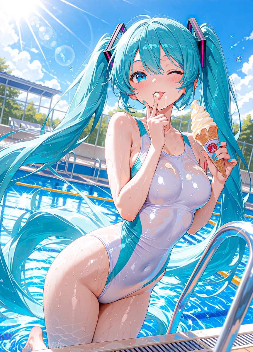競泳水着でソフトクリームを食べるミクさん