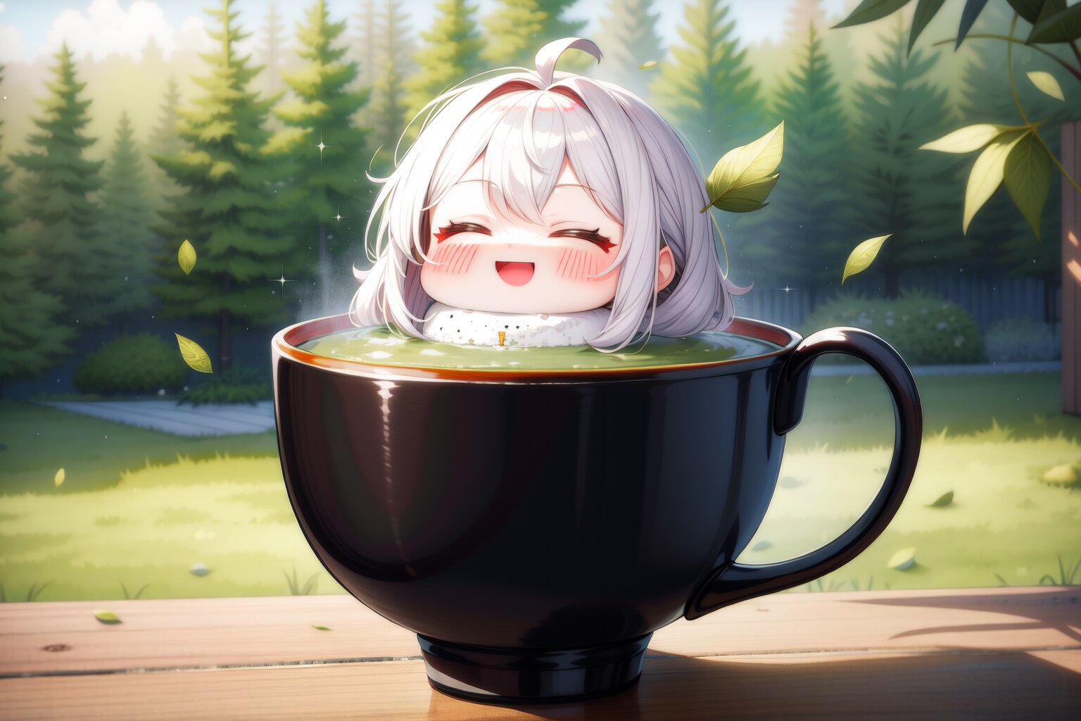 公園のベンチでお抹茶入りホットミルクを楽しむちびちゃん