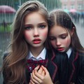 ロシア美人の小学生女子13歳2人寄り添い（ギャル）（台風の中）（豪雨）（大きな唇）（雨を食べる）（下を向く）（チョーカー）（ベール）苦悶表情（全体撮影）（睨む）（カメラ目線）（ヘアピン）（ボブヘアー） 6枚目
