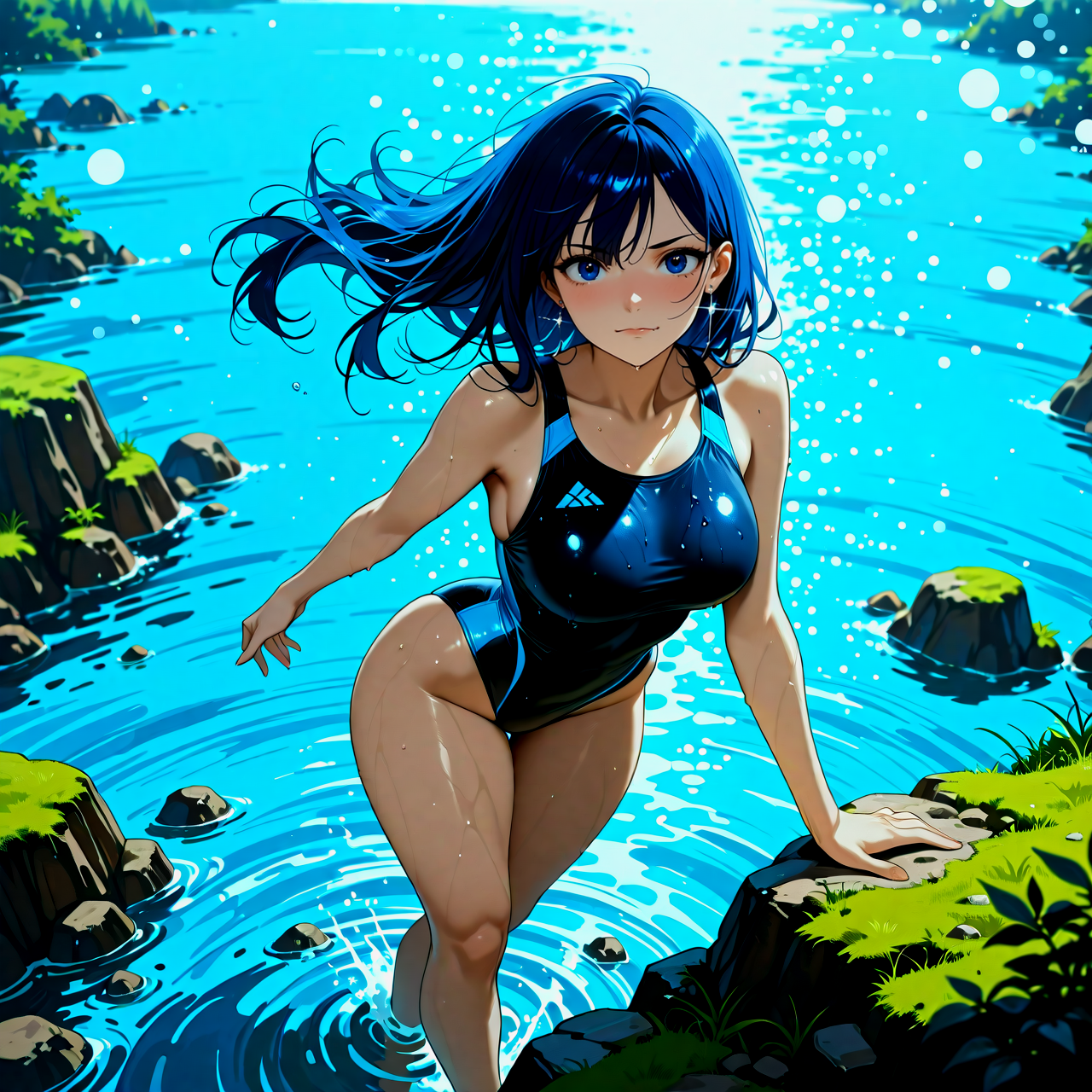 碧い川のきらめきに包まれて、あいの水遊び