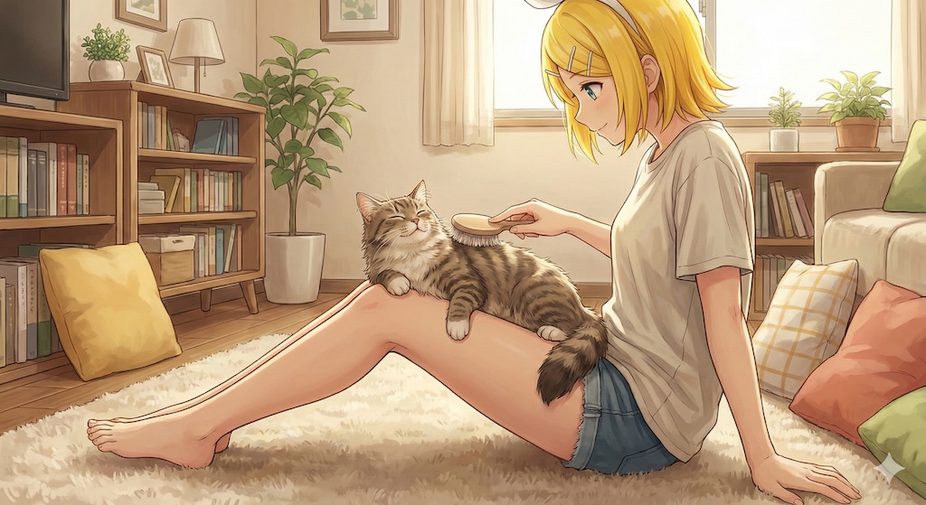 猫をブラッシングするリンさん