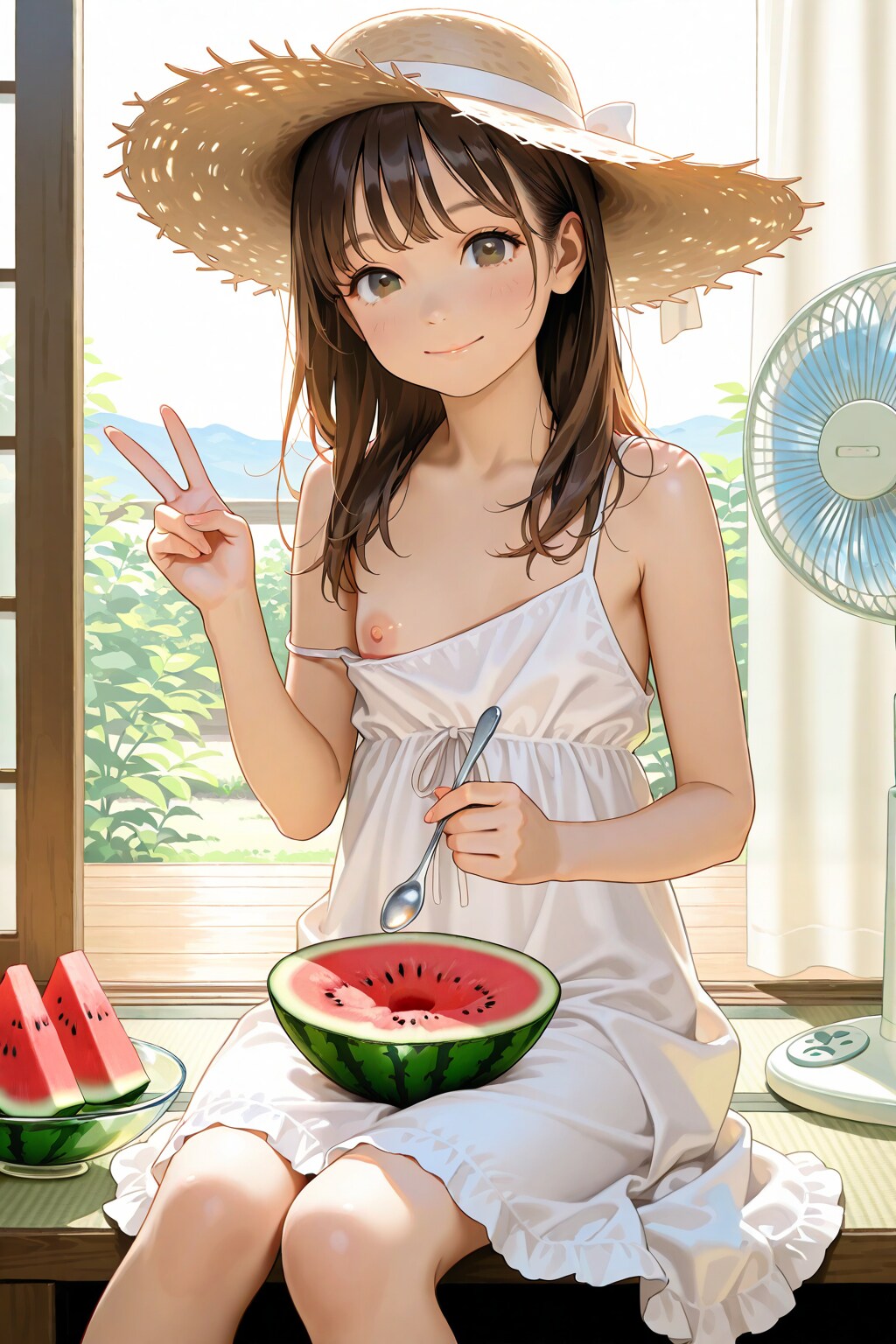 田舎でスイカを食べる