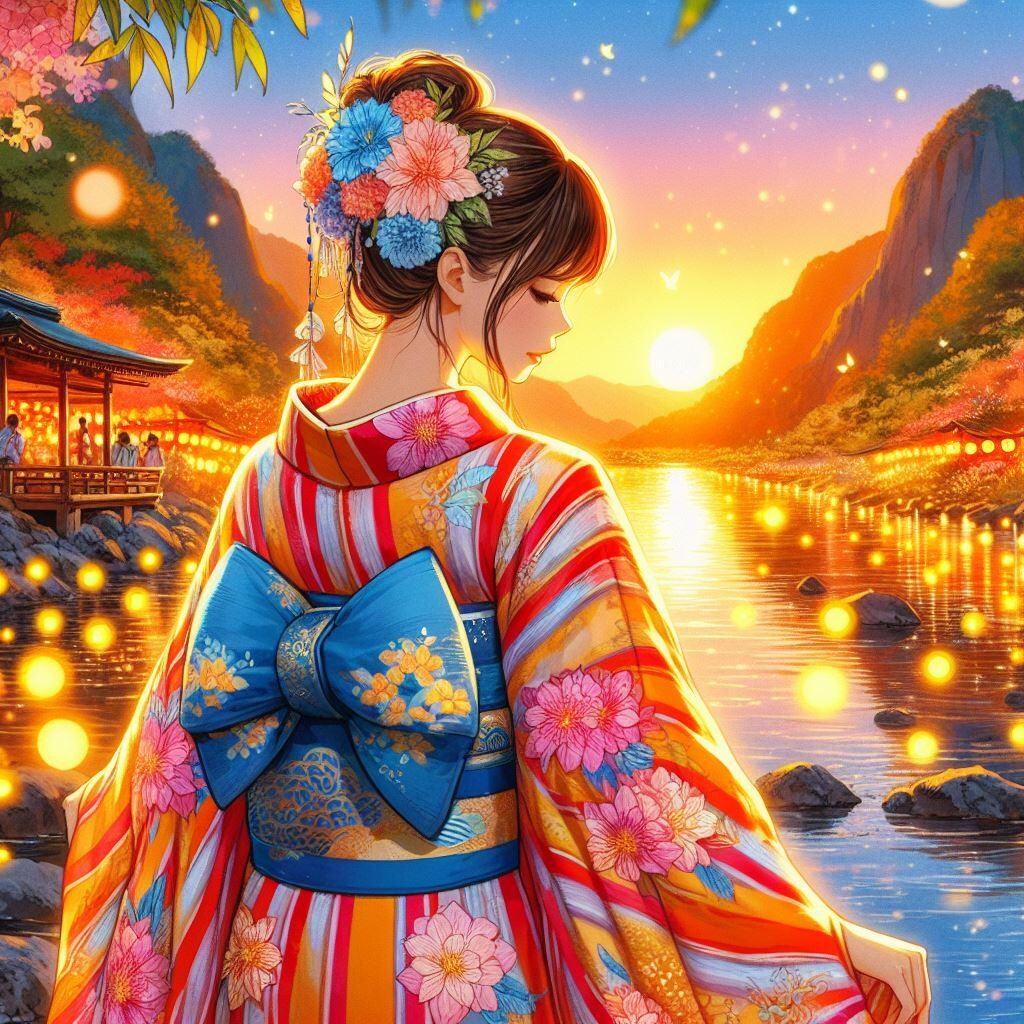 夕日と蛍と着物の美女…