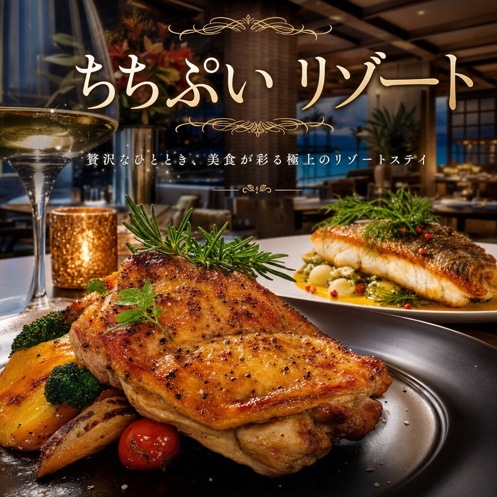 リゾートホテルレストランで提供のチキンステーキとフィッシュソテー