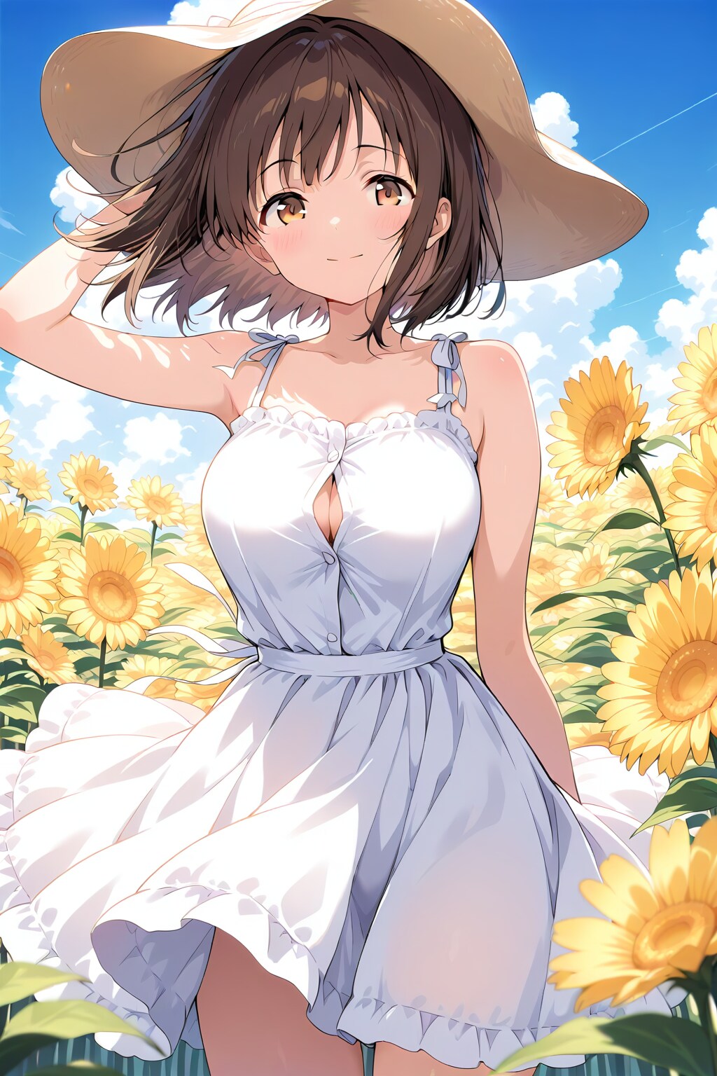 ひまわりと白ワンピ