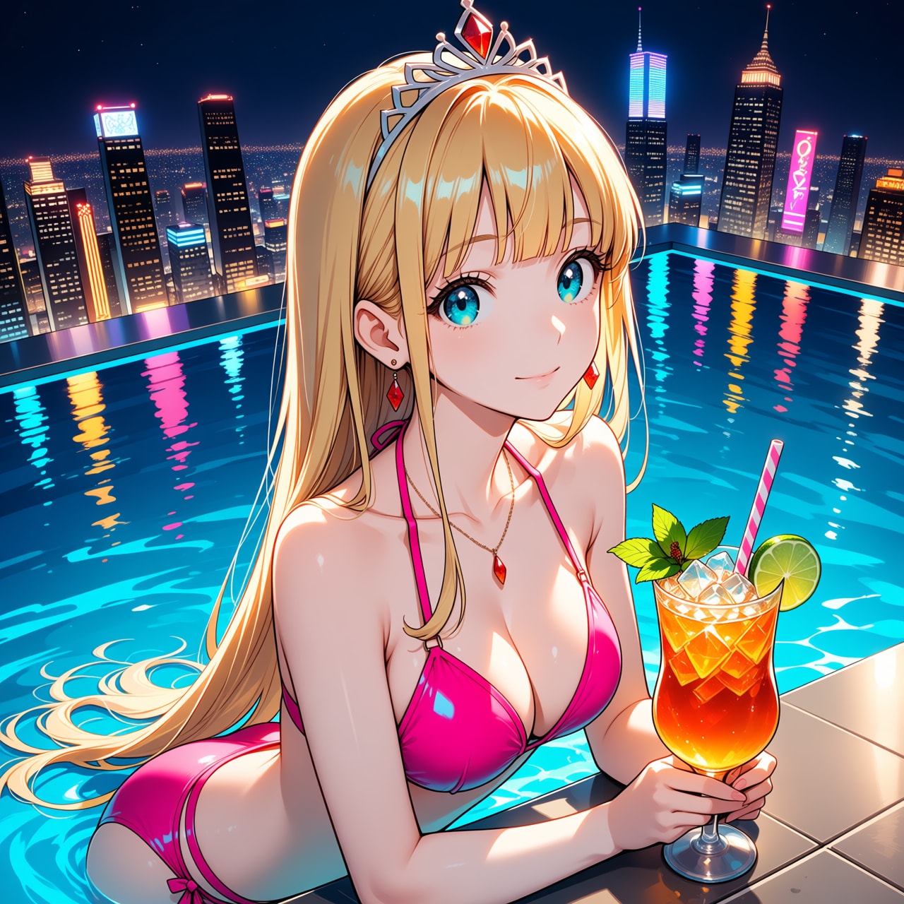 高層ホテルのインフィニティプールにて(モデル：アリエス王女)