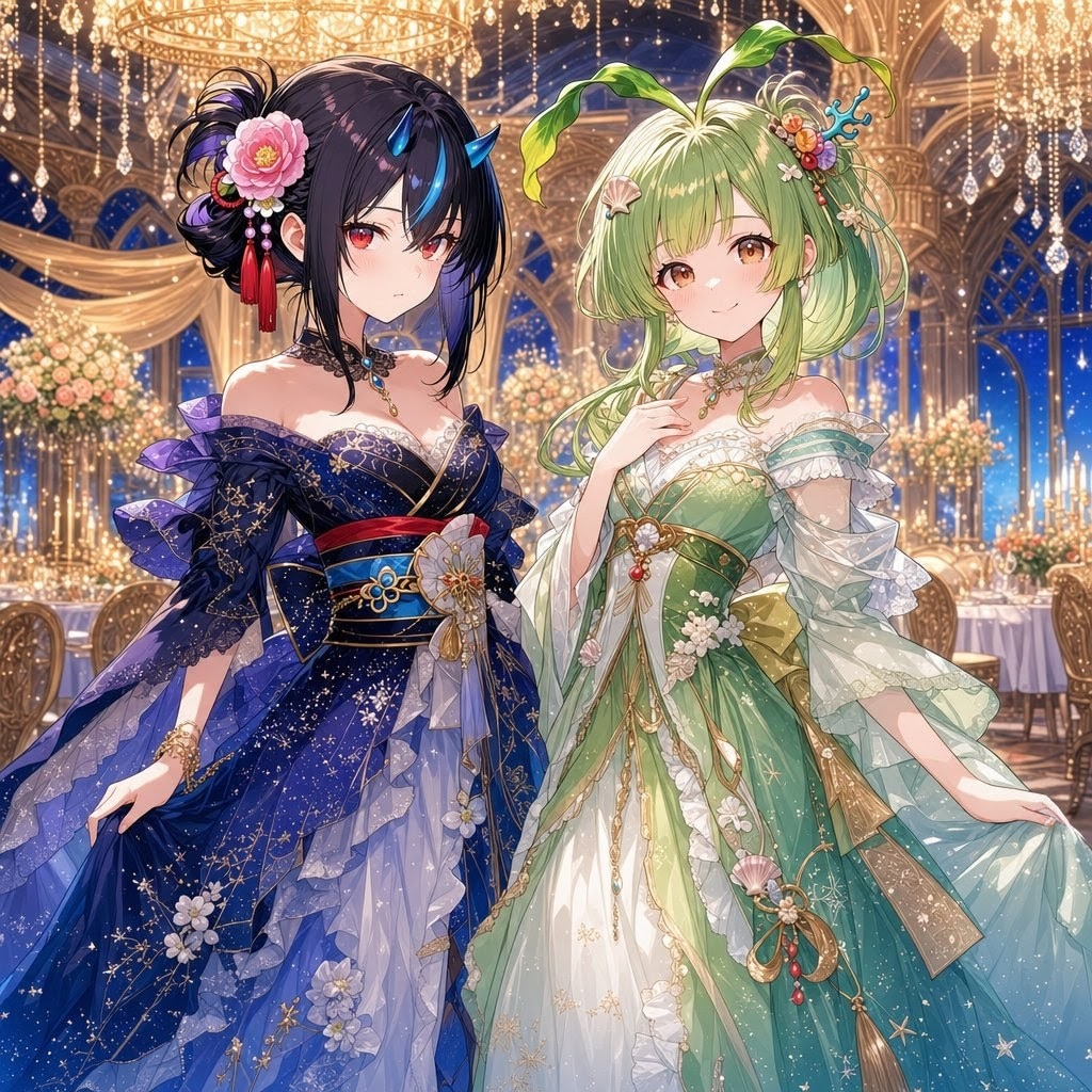 鬼ちゃんとコブネちゃんのパーティドレス | の人気AIイラスト・グラビア
