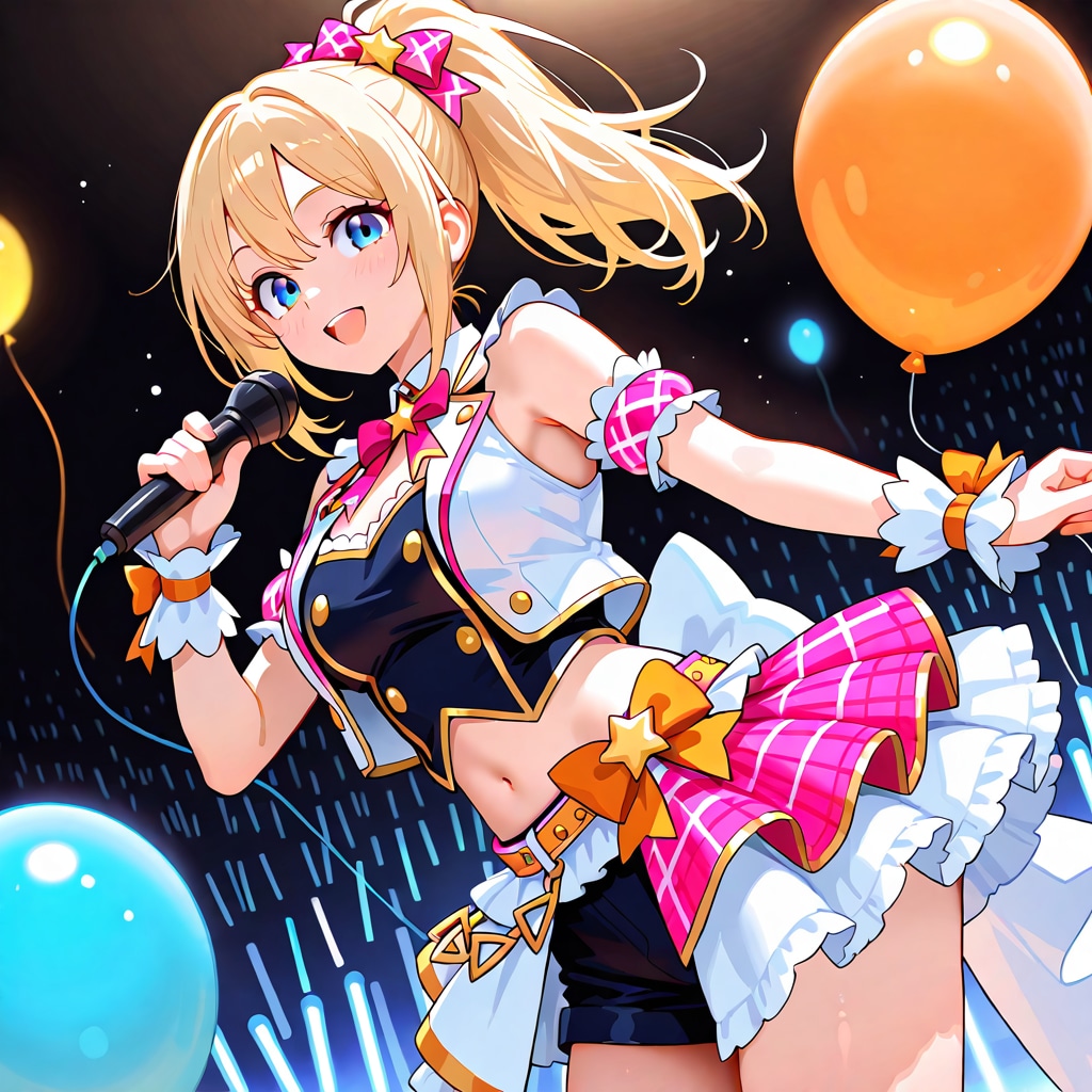 いっぱい色とりどりの風船を持つブロンドポニーテールのアイドル衣装着た美女