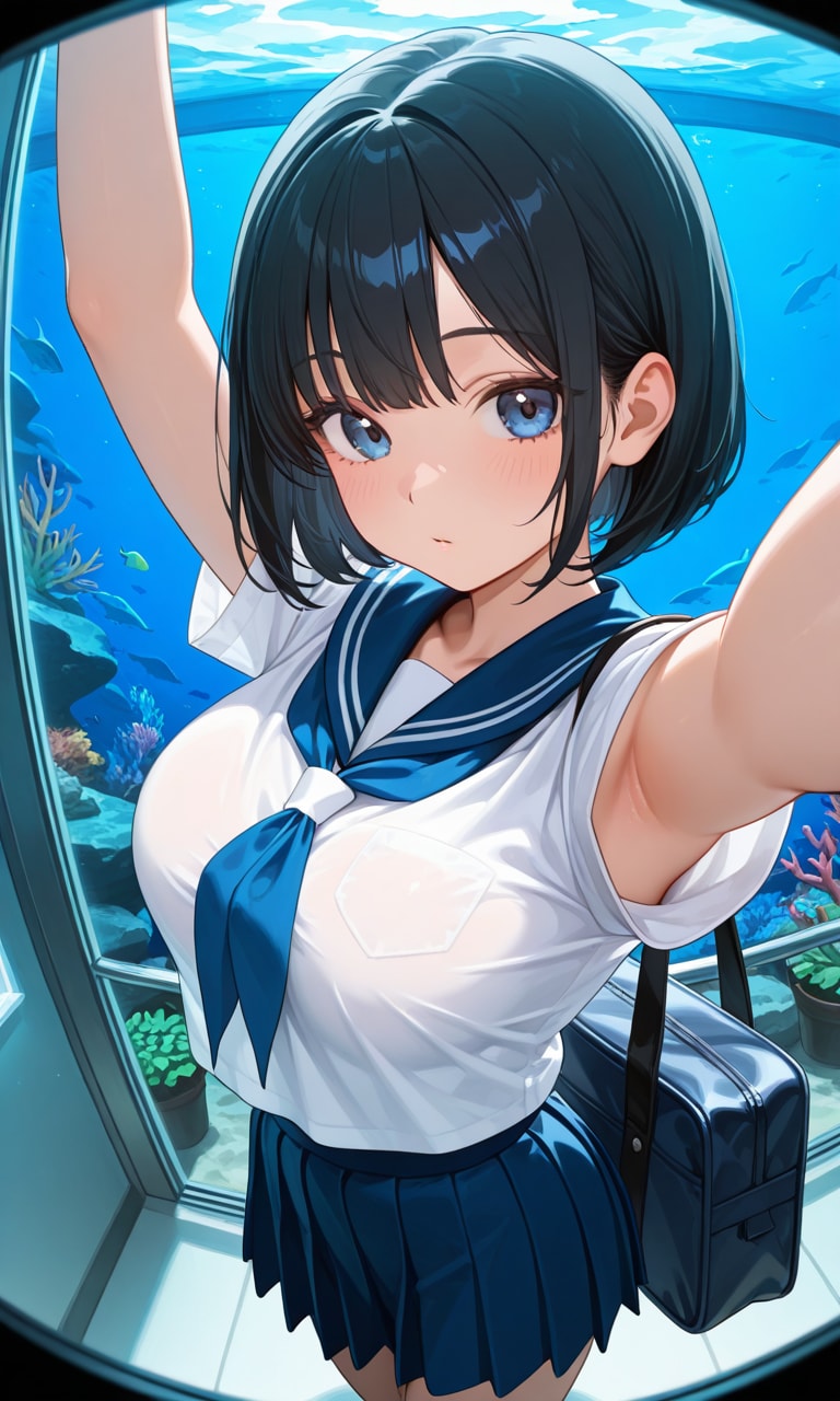 水族館デート（巨乳セーラー服ちゃんのワキ） | の人気AIイラスト・グラビア