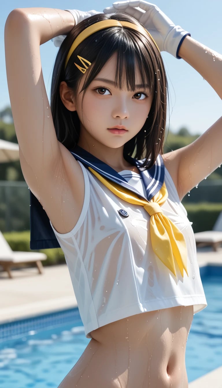 両手を掲げ、すべてを晒す。濡れ透けセーラーと無防備な腋ラインが狂わせる、危険な夏の3枚