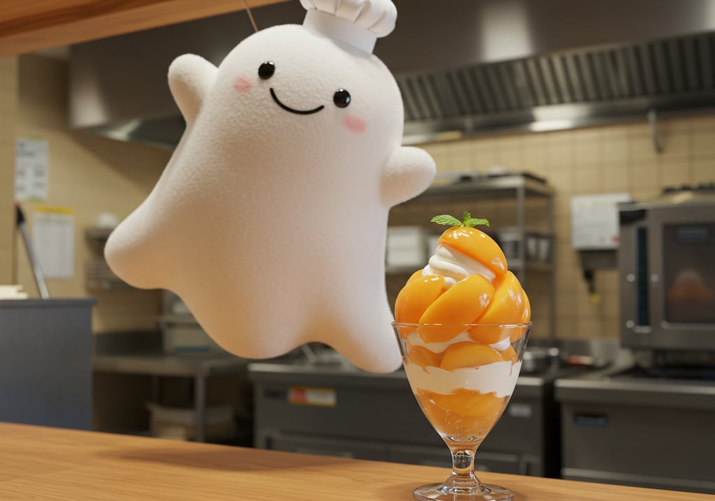 デザートのお化けパティシエの桃パフェ