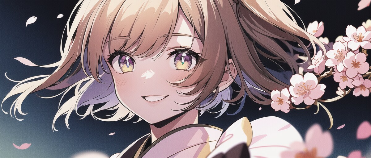 夜桜と着物少女