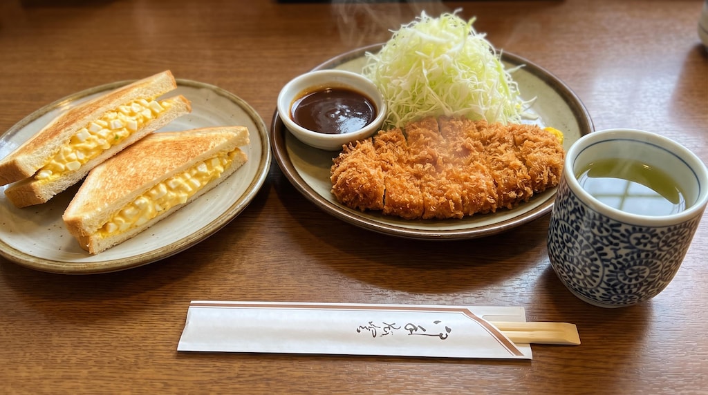 摩訶不思議食堂のとんかつと玉子サンドのセット緑茶付き
