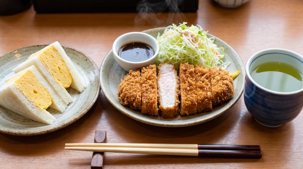 摩訶不思議食堂のとんかつと玉子サンドのセット緑茶付き