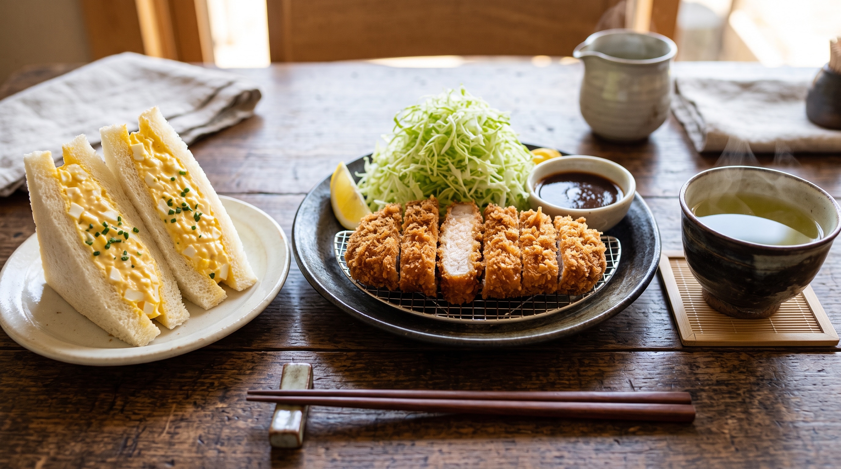 摩訶不思議食堂のとんかつと玉子サンドのセット緑茶付き | の人気AIイラスト・グラビア