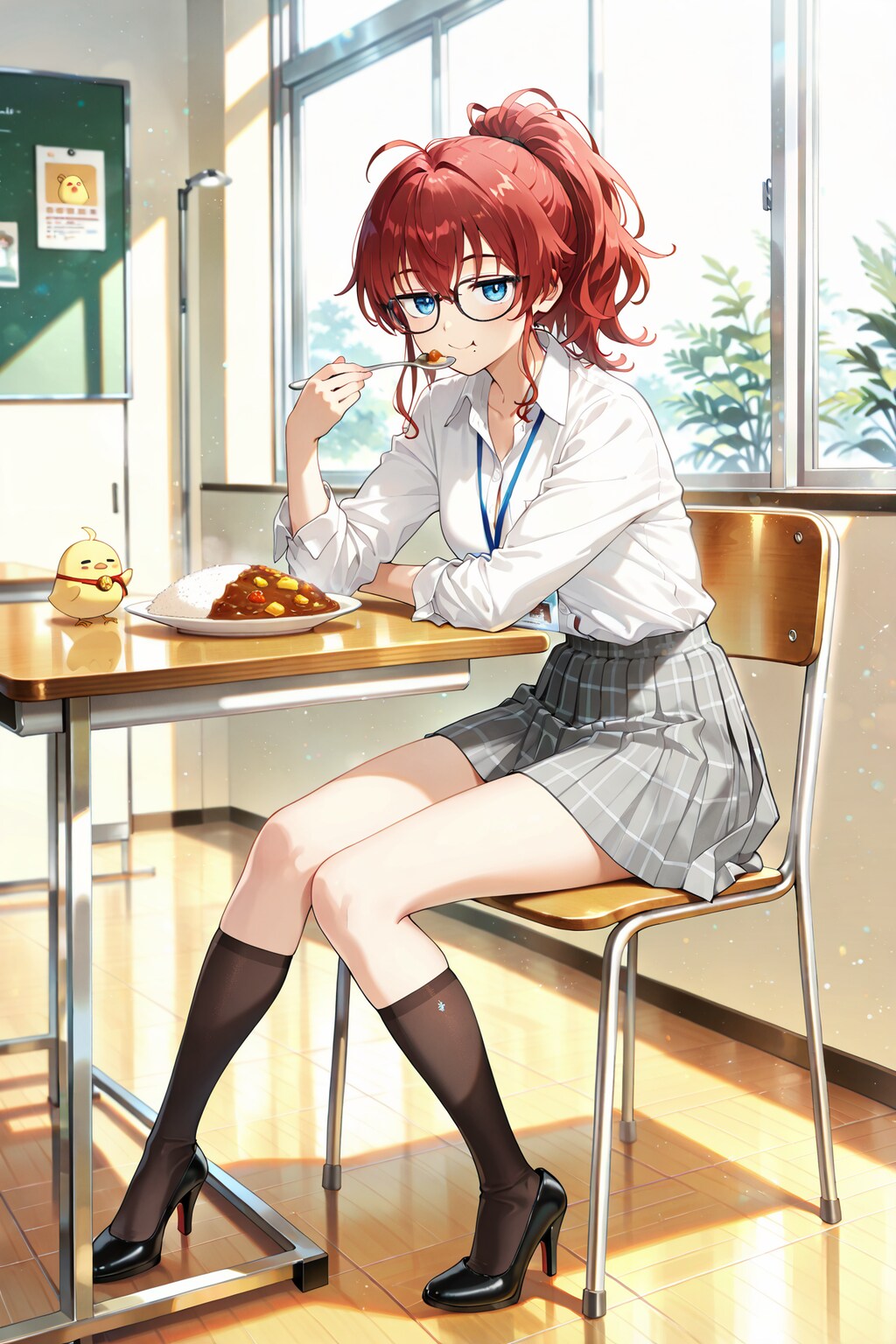 教室でカレーライスを食べるジト目先生 with ひよこ