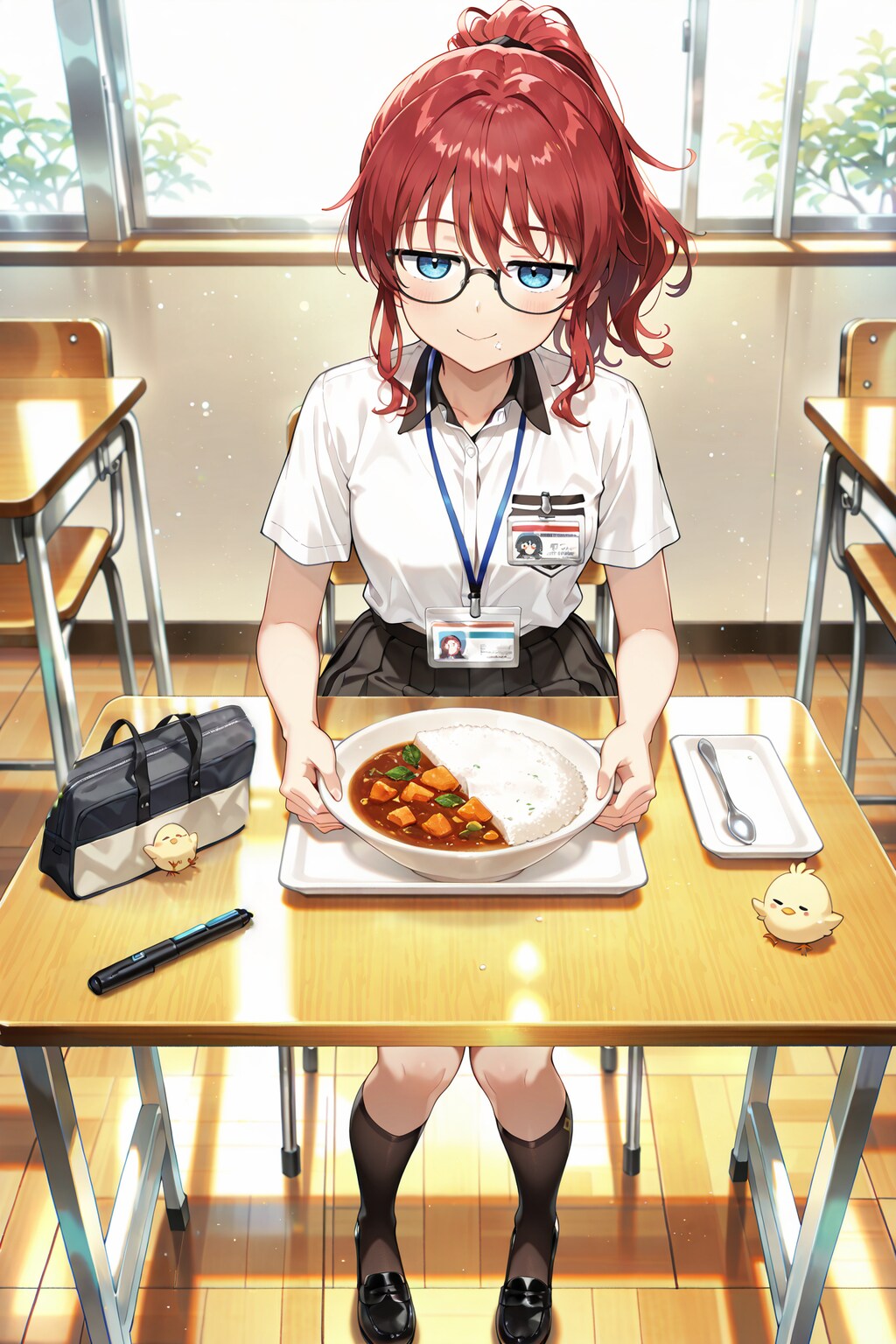 教室でカレーライスを食べるジト目先生 with ひよこ