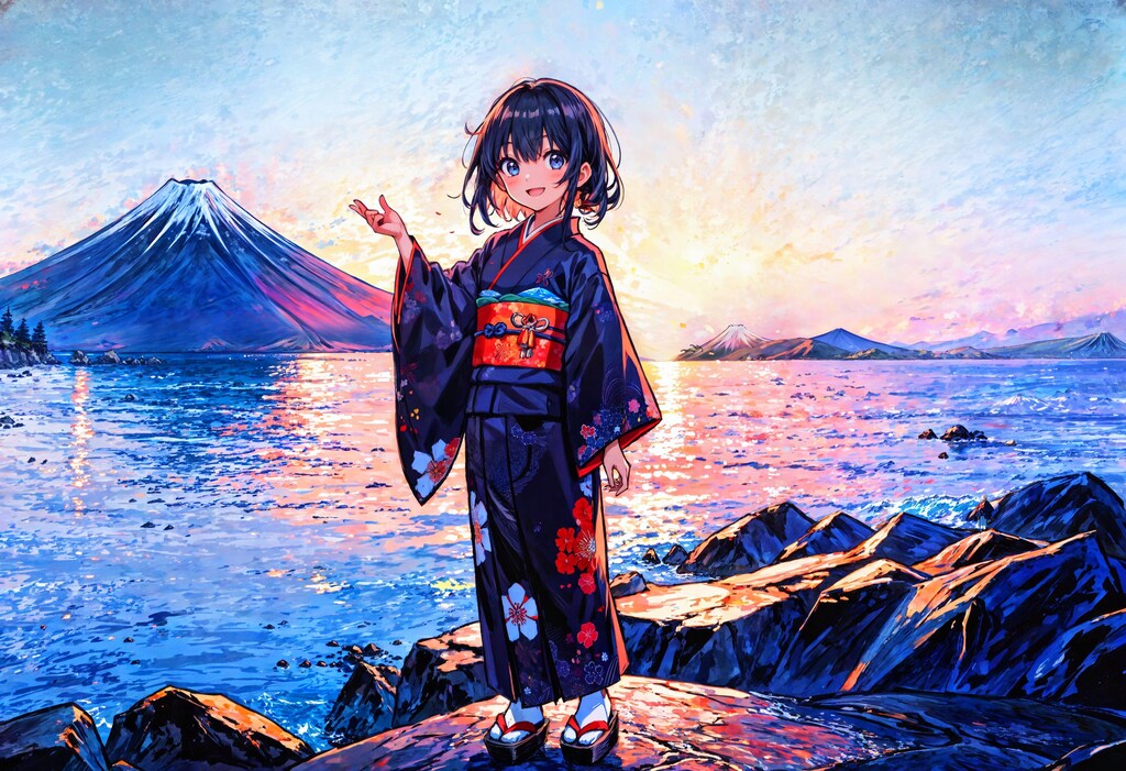 駿河湾越しの富士と夕日