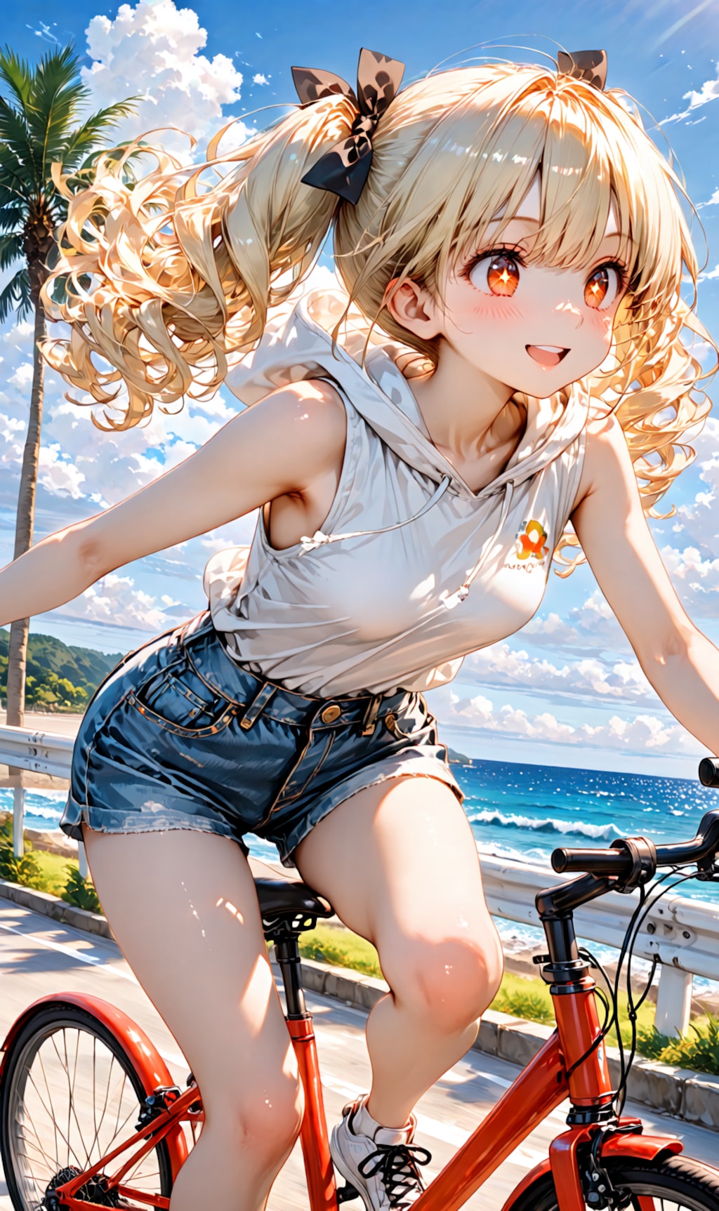 riding a bicycle along a seaside road