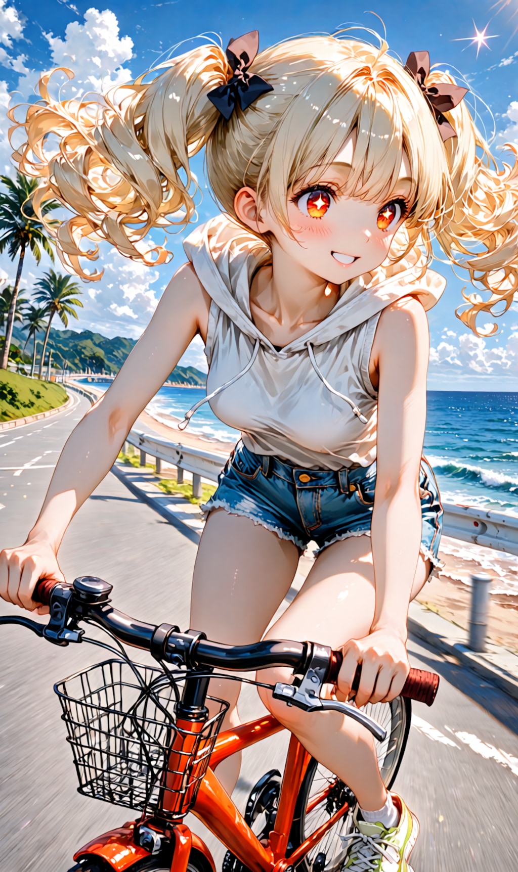 riding a bicycle along a seaside road