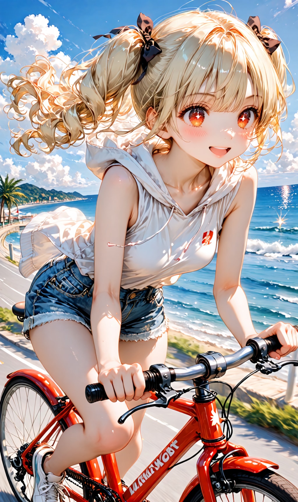 riding a bicycle along a seaside road