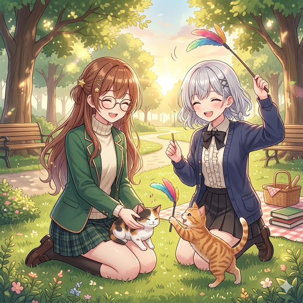 猫と遊ぶジェミニちゃまとエミリちゃま