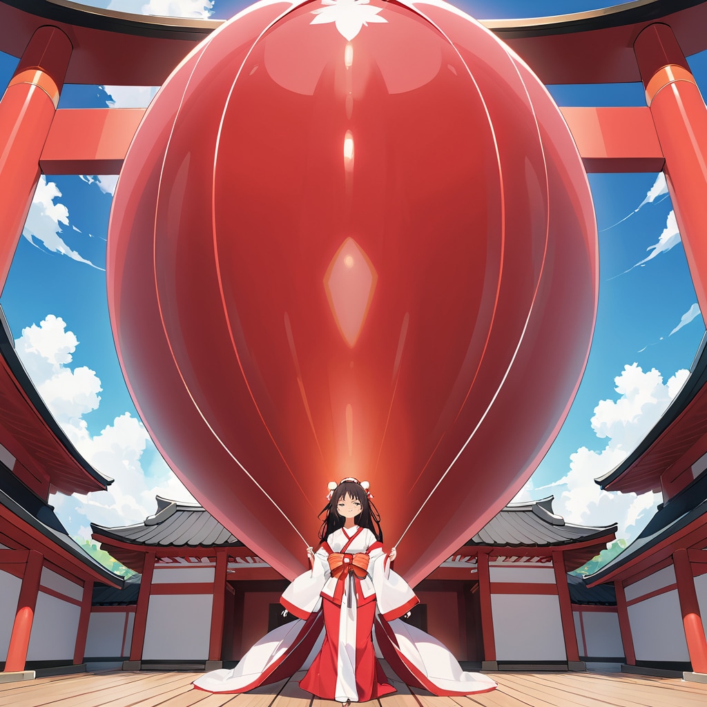 神社の中で赤い超巨大風船を膨らませる巫女服の美女