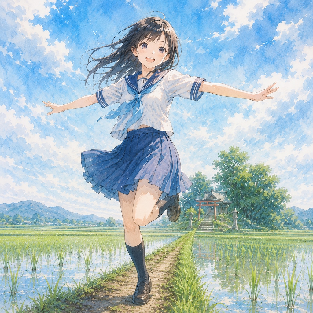 あぜ道の少女